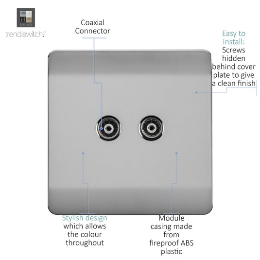 Trendi Switch ART-2TVSBS, Artistic Modern Twin TV Co-Axial Outlet Brushed Steel Finish, BRITISH MADE, (25mm Back Box Required), 5yrs Warranty - 53668