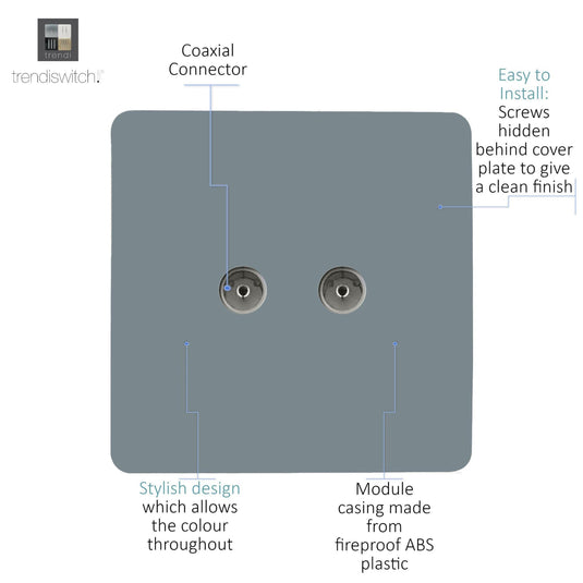 Trendi Switch ART-2TVSCG, Artistic Modern Twin TV Co-Axial Outlet Cool Grey Finish, BRITISH MADE, (25mm Back Box Required), 5yrs Warranty - 53670