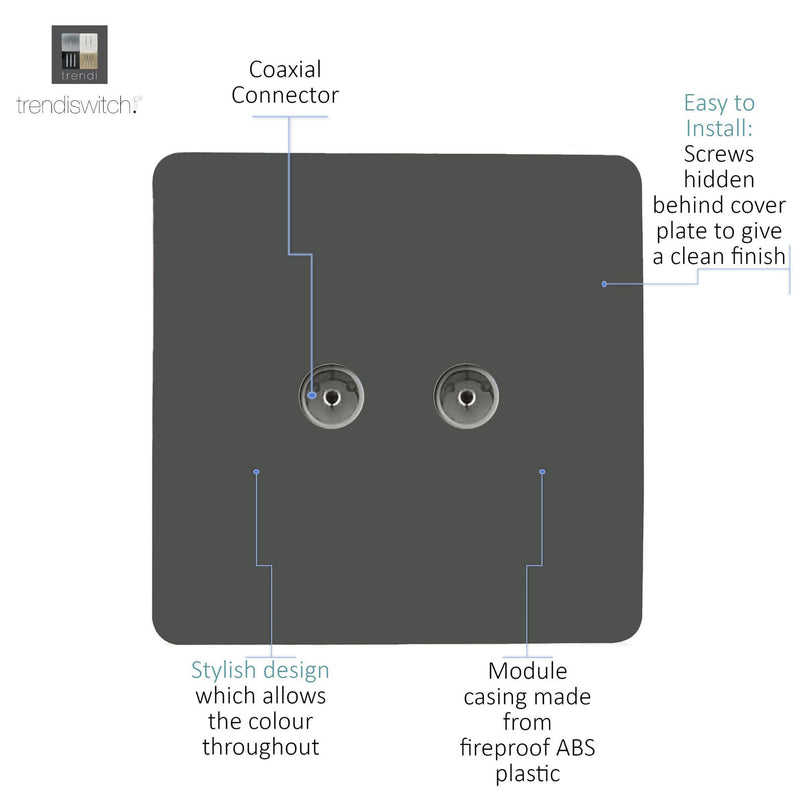 Load image into Gallery viewer, Trendi Switch ART-2TVSCH, Artistic Modern Twin TV Co-Axial Outlet Charcoal Finish, BRITISH MADE, (25mm Back Box Required), 5yrs Warranty - 53671
