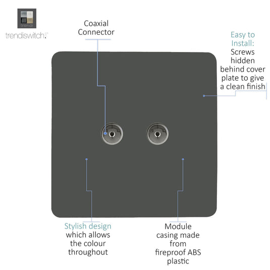 Trendi Switch ART-2TVSCH, Artistic Modern Twin TV Co-Axial Outlet Charcoal Finish, BRITISH MADE, (25mm Back Box Required), 5yrs Warranty - 53671