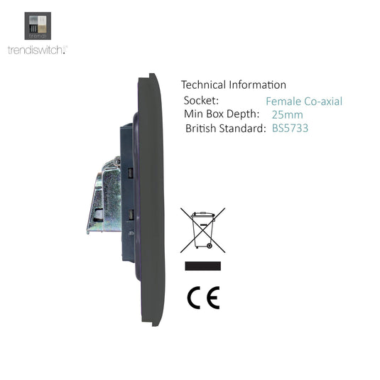 Trendi Switch ART-2TVSCH, Artistic Modern Twin TV Co-Axial Outlet Charcoal Finish, BRITISH MADE, (25mm Back Box Required), 5yrs Warranty - 53671