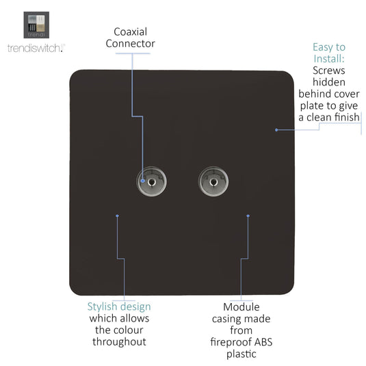 Trendi Switch ART-2TVSDB, Artistic Modern Twin TV Co-Axial Outlet Dark Brown Finish, BRITISH MADE, (25mm Back Box Required), 5yrs Warranty - 53673