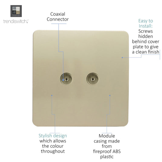 Trendi Switch ART-2TVSGO, Artistic Modern Twin TV Co-Axial Outlet Champagne Gold Finish, BRITISH MADE, (25mm Back Box Required), 5yrs Warranty - 43848