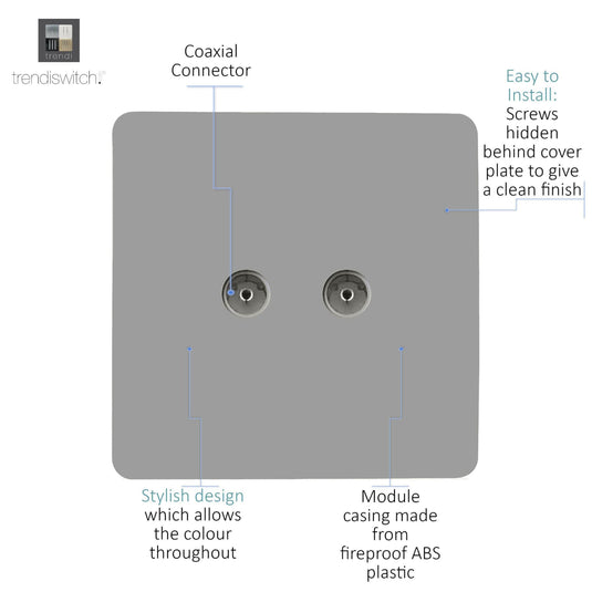 Trendi Switch ART-2TVSLG, Artistic Modern Twin TV Co-Axial Outlet Light Grey Finish, BRITISH MADE, (25mm Back Box Required), 5yrs Warranty - 53675