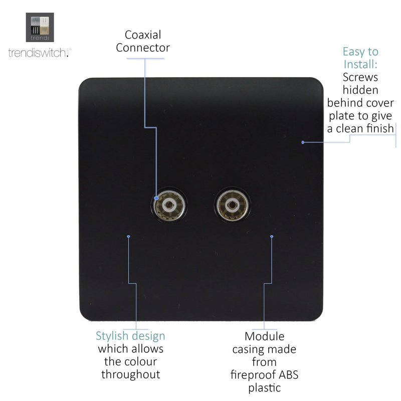 Load image into Gallery viewer, Trendi Switch ART-2TVSMBK, Artistic Modern Twin TV Co-Axial Outlet Matt Black Finish, BRITISH MADE, (25mm Back Box Required), 5yrs Warranty - 43849
