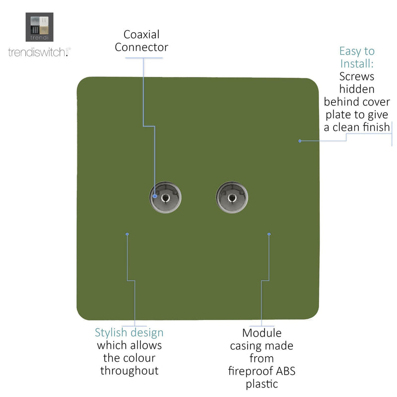 Load image into Gallery viewer, Trendi Switch ART-2TVSMG, Artistic Modern Twin TV Co-Axial Outlet Moss Green Finish, BRITISH MADE, (25mm Back Box Required), 5yrs Warranty - 53677
