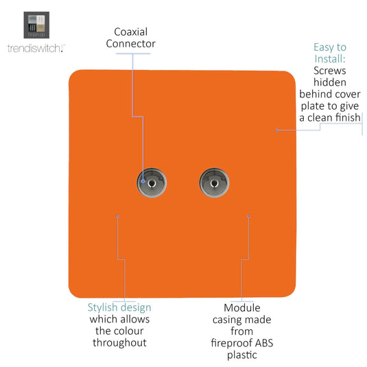 Trendi Switch ART-2TVSOR, Artistic Modern Twin TV Co-Axial Outlet Orange Finish, BRITISH MADE, (25mm Back Box Required), 5yrs Warranty - 53680