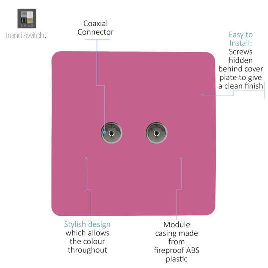 Trendi Switch ART-2TVSPK, Artistic Modern Twin TV Co-Axial Outlet Pink Finish, BRITISH MADE, (25mm Back Box Required), 5yrs Warranty - 53681