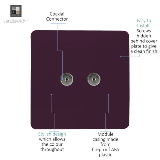 Trendi Switch ART-2TVSPL, Artistic Modern Twin TV Co-Axial Outlet Plum Finish, BRITISH MADE, (25mm Back Box Required), 5yrs Warranty - 53682