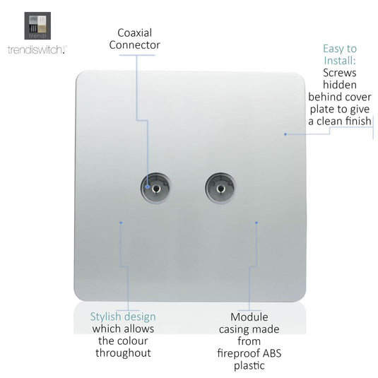 Trendi Switch ART-2TVSSI, Artistic Modern Twin TV Co-Axial Outlet Silver Finish, BRITISH MADE, (25mm Back Box Required), 5yrs Warranty - 43850
