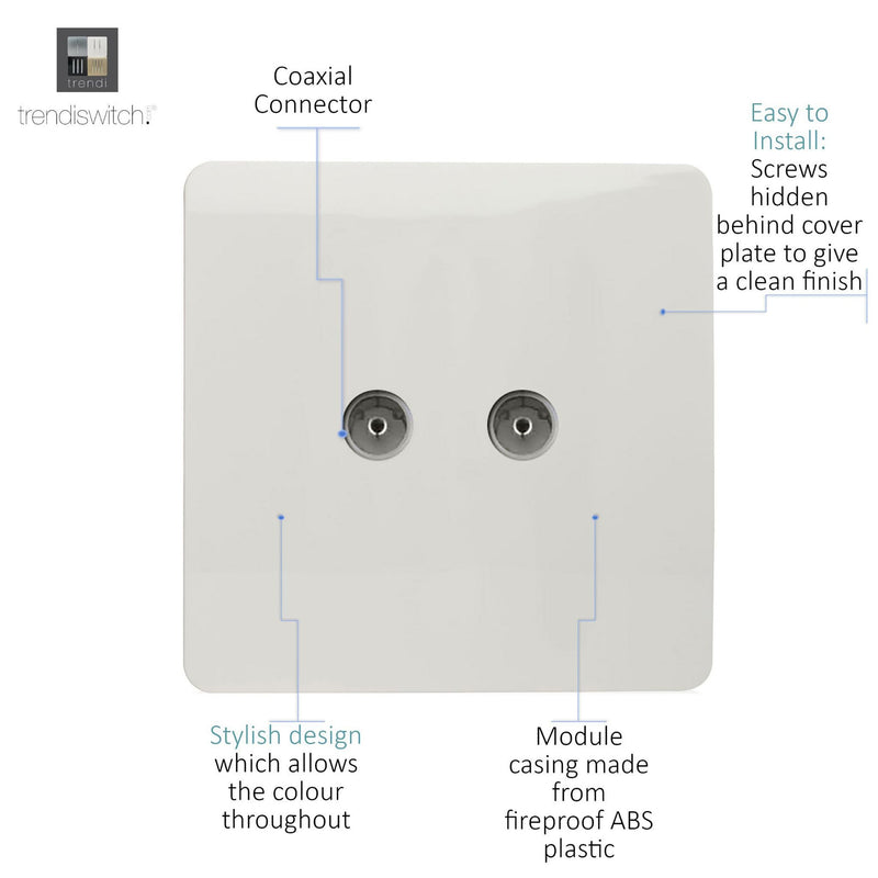 Load image into Gallery viewer, Trendi Switch ART-2TVSWH, Artistic Modern Twin TV Co-Axial Outlet Gloss White Finish, BRITISH MADE, (25mm Back Box Required), 5yrs Warranty - 43851
