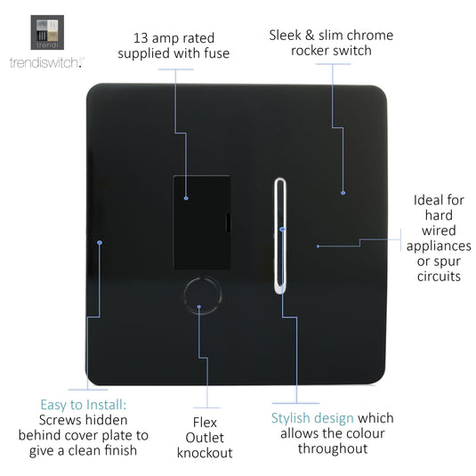 Trendi Switch ART-FSBK, Artistic Modern Switch Fused Spur 13A With Flex Outlet Gloss Black Finish, BRITISH MADE, (35mm Back Box Required), 5yrs Warranty - 22130