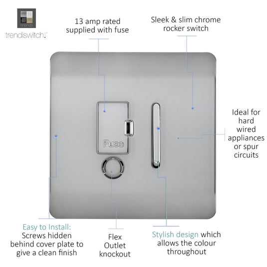 Trendi Switch ART-FSBS, Artistic Modern Switch Fused Spur 13A With Flex Outlet Brushed Steel Finish, BRITISH MADE, (35mm Back Box Required), 5yrs Warranty - 53726