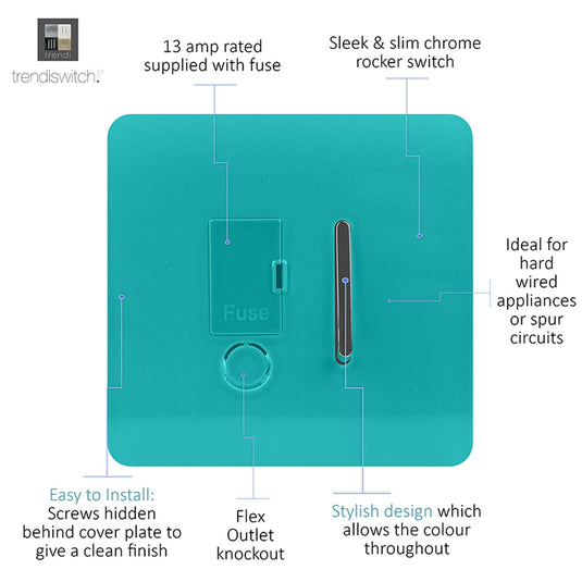 Trendi Switch ART-FSBT, Artistic Modern Switch Fused Spur 13A With Flex Outlet Bright Teal Finish, BRITISH MADE, (35mm Back Box Required), 5yrs Warranty - 53727