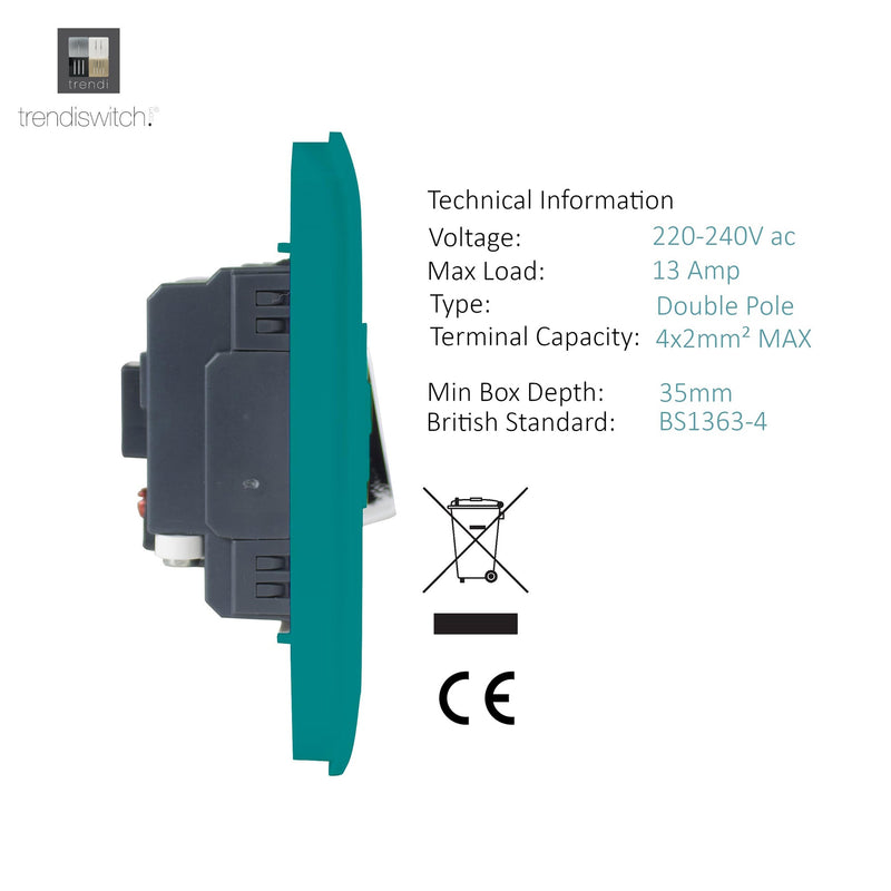 Load image into Gallery viewer, Trendi Switch ART-FSBT, Artistic Modern Switch Fused Spur 13A With Flex Outlet Bright Teal Finish, BRITISH MADE, (35mm Back Box Required), 5yrs Warranty - 53727
