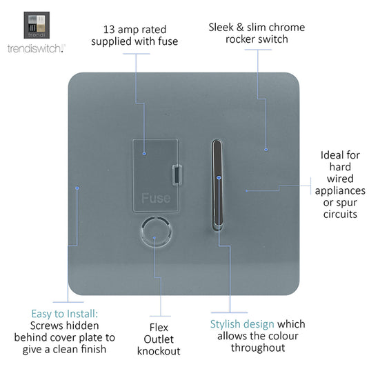 Trendi Switch ART-FSCG, Artistic Modern Switch Fused Spur 13A With Flex Outlet Cool Grey Finish, BRITISH MADE, (35mm Back Box Required), 5yrs Warranty - 53728