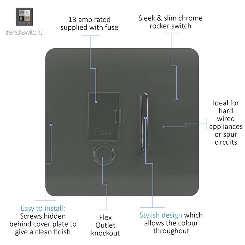 Load image into Gallery viewer, Trendi Switch ART-FSCH, Artistic Modern Switch Fused Spur 13A With Flex Outlet Charcoal Finish, BRITISH MADE, (35mm Back Box Required), 5yrs Warranty - 53729
