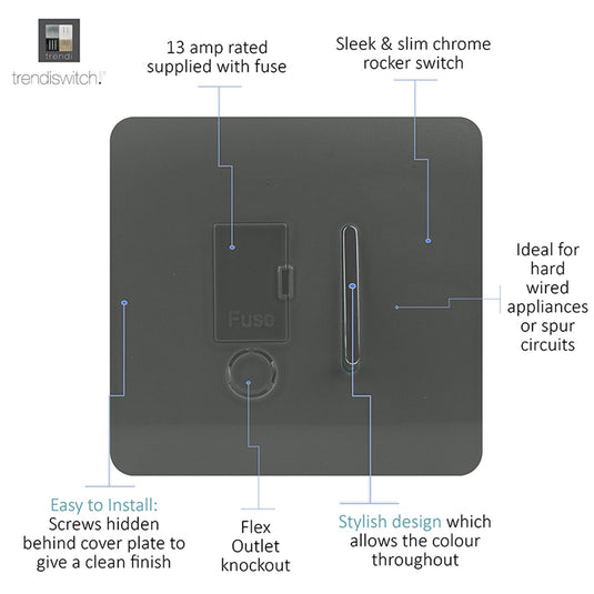 Trendi Switch ART-FSCH, Artistic Modern Switch Fused Spur 13A With Flex Outlet Charcoal Finish, BRITISH MADE, (35mm Back Box Required), 5yrs Warranty - 53729