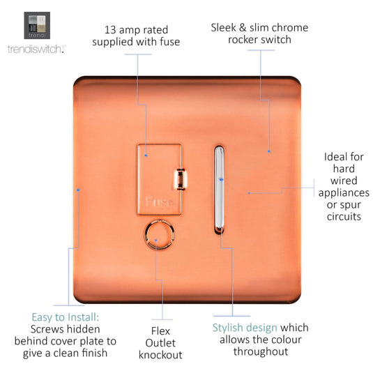 Trendi Switch ART-FSCPR, Artistic Modern Switch Fused Spur 13A With Flex Outlet Copper Finish, BRITISH MADE, (35mm Back Box Required), 5yrs Warranty - 53730