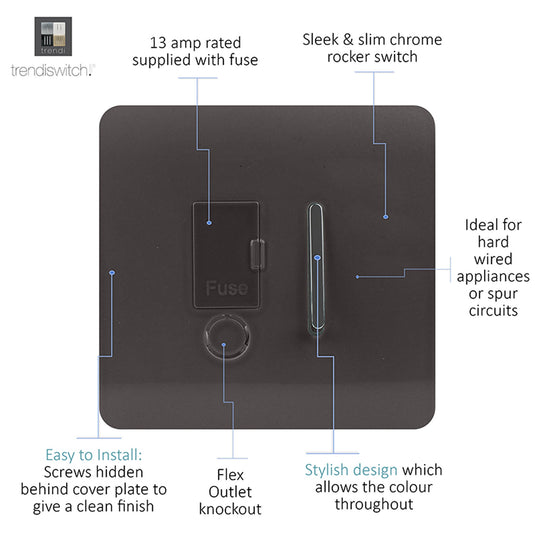 Trendi Switch ART-FSDB, Artistic Modern Switch Fused Spur 13A With Flex Outlet Dark Brown Finish, BRITISH MADE, (35mm Back Box Required), 5yrs Warranty - 53731