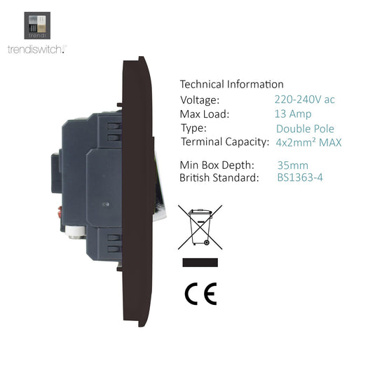 Trendi Switch ART-FSDB, Artistic Modern Switch Fused Spur 13A With Flex Outlet Dark Brown Finish, BRITISH MADE, (35mm Back Box Required), 5yrs Warranty - 53731