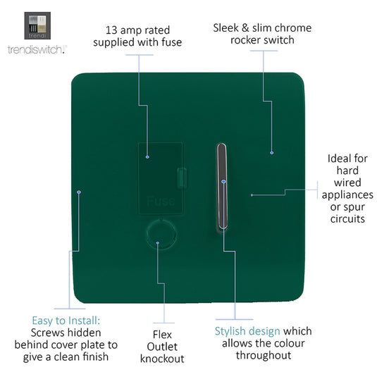 Trendi Switch ART-FSDG, Artistic Modern Switch Fused Spur 13A With Flex Outlet Dark Green Finish, BRITISH MADE, (35mm Back Box Required), 5yrs Warranty - 53732