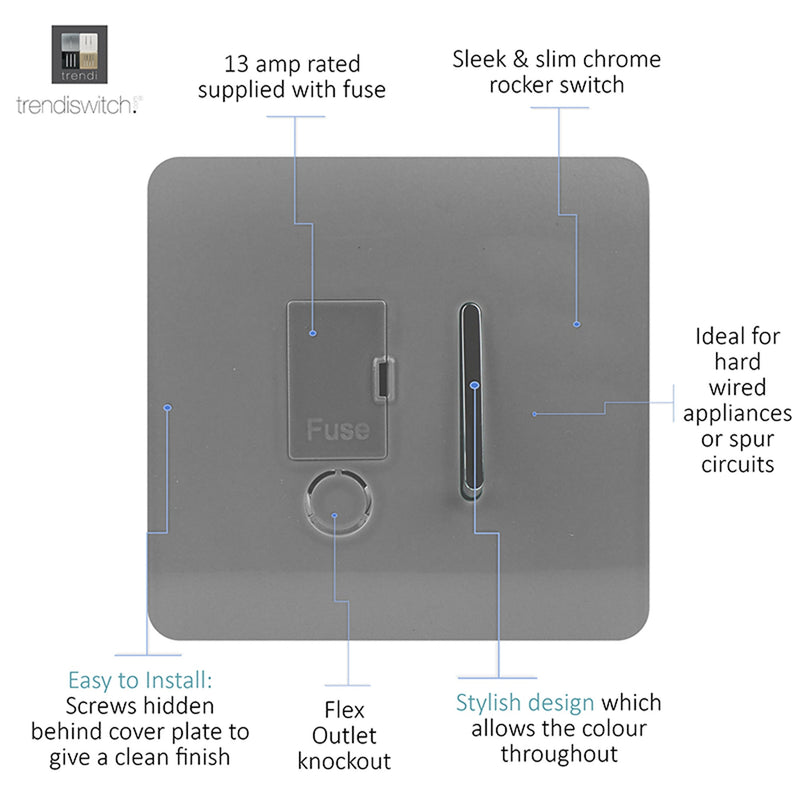 Load image into Gallery viewer, Trendi Switch ART-FSLG, Artistic Modern Switch Fused Spur 13A With Flex Outlet Light Grey Finish, BRITISH MADE, (35mm Back Box Required), 5yrs Warranty - 53733
