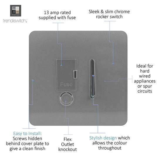 Trendi Switch ART-FSLG, Artistic Modern Switch Fused Spur 13A With Flex Outlet Light Grey Finish, BRITISH MADE, (35mm Back Box Required), 5yrs Warranty - 53733