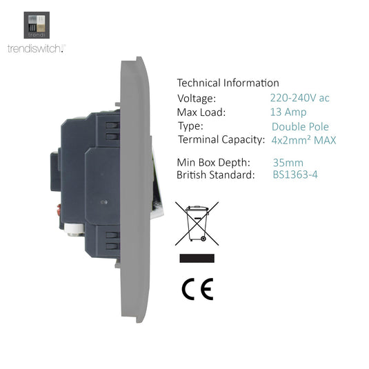 Trendi Switch ART-FSLG, Artistic Modern Switch Fused Spur 13A With Flex Outlet Light Grey Finish, BRITISH MADE, (35mm Back Box Required), 5yrs Warranty - 53733