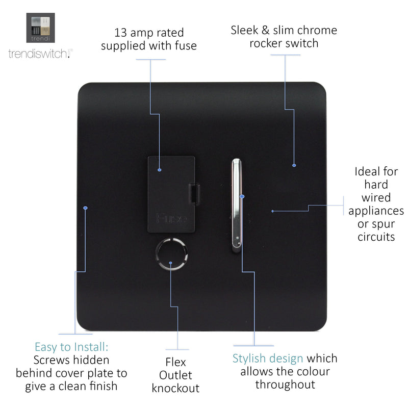 Load image into Gallery viewer, Trendi Switch ART-FSMBK, Artistic Modern Switch Fused Spur 13A With Flex Outlet Matt Black Finish, BRITISH MADE, (35mm Back Box Required), 5yrs Warranty - 43855
