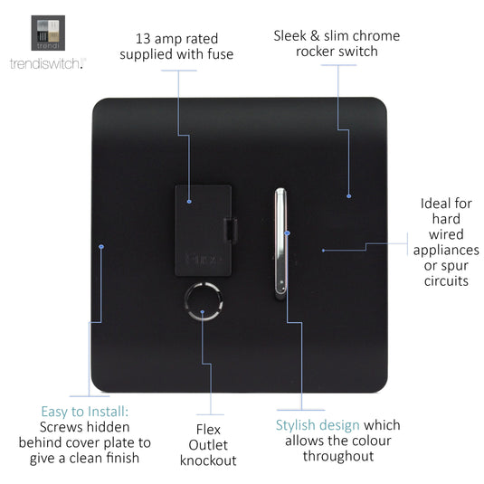 Trendi Switch ART-FSMBK, Artistic Modern Switch Fused Spur 13A With Flex Outlet Matt Black Finish, BRITISH MADE, (35mm Back Box Required), 5yrs Warranty - 43855