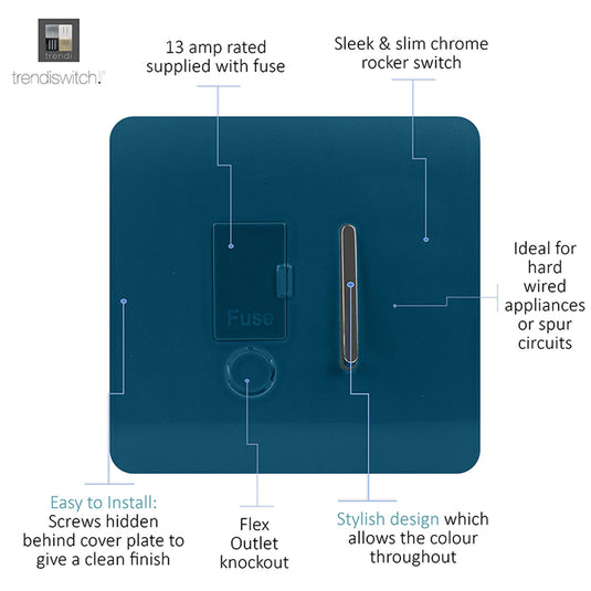 Trendi Switch ART-FSMD, Artistic Modern Switch Fused Spur 13A With Flex Outlet Midnight Blue Finish, BRITISH MADE, (35mm Back Box Required), 5yrs Warranty - 53734