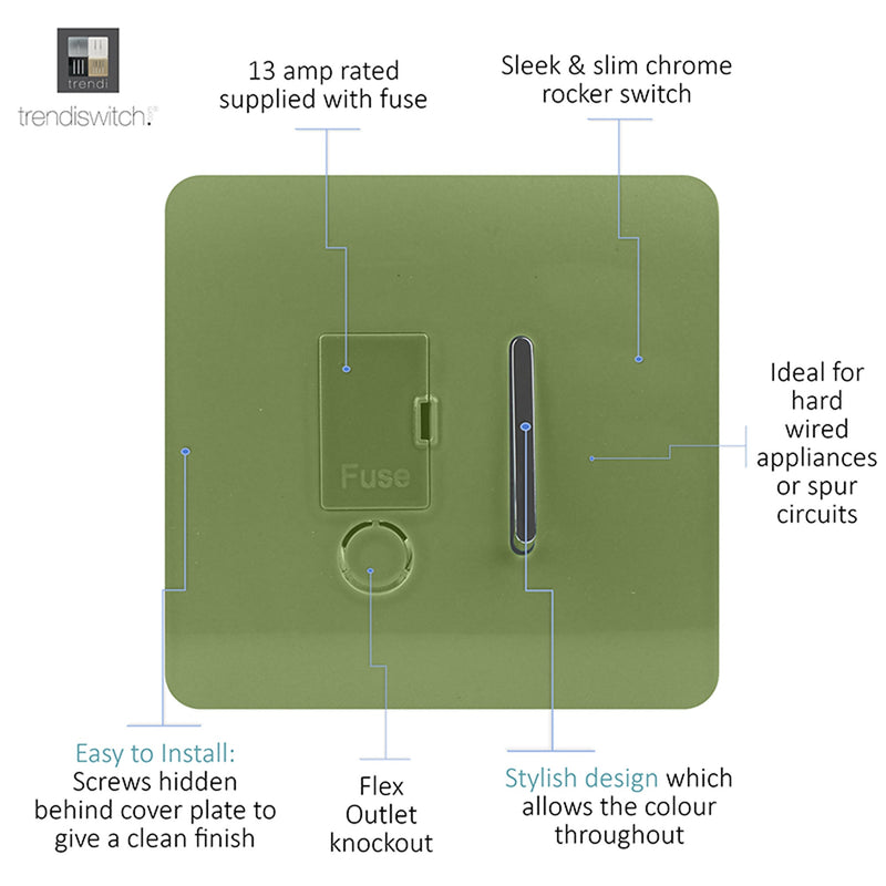 Load image into Gallery viewer, Trendi Switch ART-FSMG, Artistic Modern Switch Fused Spur 13A With Flex Outlet Moss Green Finish, BRITISH MADE, (35mm Back Box Required), 5yrs Warranty - 53735
