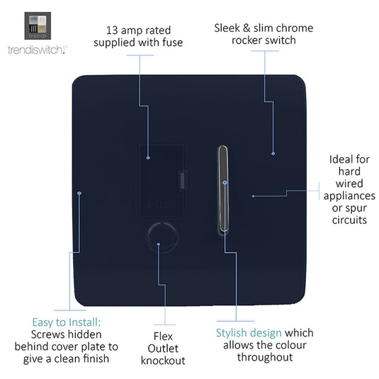 Trendi Switch ART-FSNV, Artistic Modern Switch Fused Spur 13A With Flex Outlet Navy Blue Finish, BRITISH MADE, (35mm Back Box Required), 5yrs Warranty - 53736