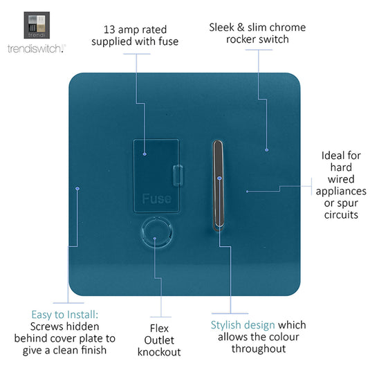 Trendi Switch ART-FSOB, Artistic Modern Switch Fused Spur 13A With Flex Outlet Ocean Blue Finish, BRITISH MADE, (35mm Back Box Required), 5yrs Warranty - 53737