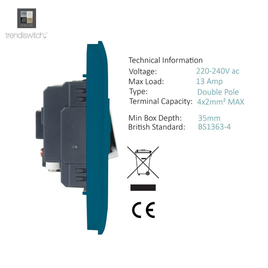 Trendi Switch ART-FSOB, Artistic Modern Switch Fused Spur 13A With Flex Outlet Ocean Blue Finish, BRITISH MADE, (35mm Back Box Required), 5yrs Warranty - 53737