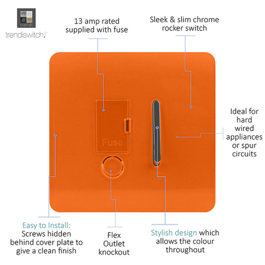 Trendi Switch ART-FSOR, Artistic Modern Switch Fused Spur 13A With Flex Outlet Orange Finish, BRITISH MADE, (35mm Back Box Required), 5yrs Warranty - 53738