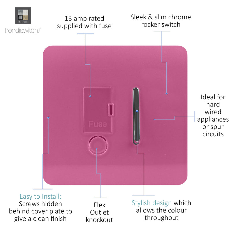 Load image into Gallery viewer, Trendi Switch ART-FSPK, Artistic Modern Switch Fused Spur 13A With Flex Outlet Pink Finish, BRITISH MADE, (35mm Back Box Required), 5yrs Warranty - 53739
