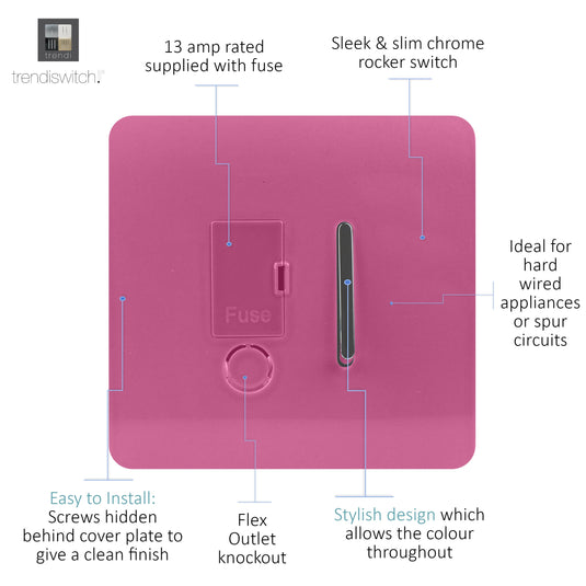 Trendi Switch ART-FSPK, Artistic Modern Switch Fused Spur 13A With Flex Outlet Pink Finish, BRITISH MADE, (35mm Back Box Required), 5yrs Warranty - 53739