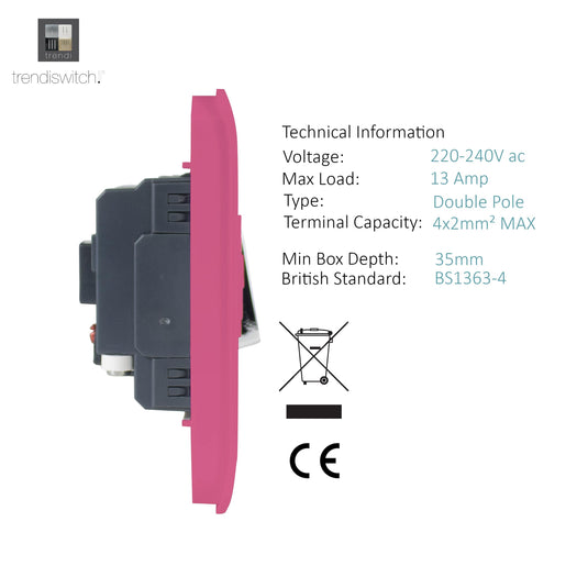 Trendi Switch ART-FSPK, Artistic Modern Switch Fused Spur 13A With Flex Outlet Pink Finish, BRITISH MADE, (35mm Back Box Required), 5yrs Warranty - 53739