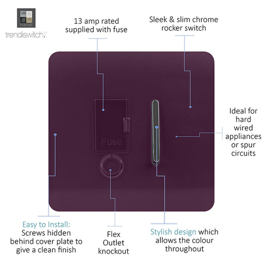 Trendi Switch ART-FSPL, Artistic Modern Switch Fused Spur 13A With Flex Outlet Plum Finish, BRITISH MADE, (35mm Back Box Required), 5yrs Warranty - 53740