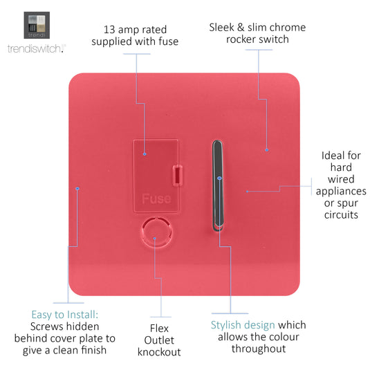 Trendi Switch ART-FSSB, Artistic Modern Switch Fused Spur 13A With Flex Outlet Strawberry Finish, BRITISH MADE, (35mm Back Box Required), 5yrs Warranty - 53741