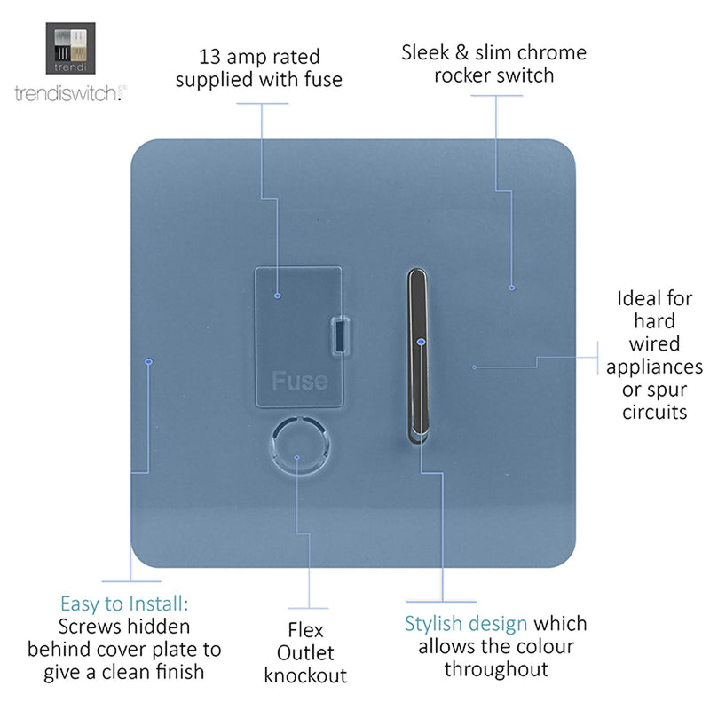 Load image into Gallery viewer, Trendi Switch ART-FSSK, Artistic Modern Switch Fused Spur 13A With Flex Outlet Sky Finish, BRITISH MADE, (35mm Back Box Required), 5yrs Warranty - 53742
