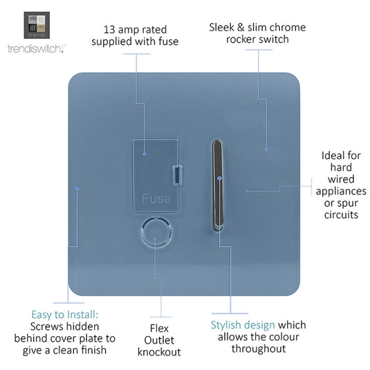 Trendi Switch ART-FSSK, Artistic Modern Switch Fused Spur 13A With Flex Outlet Sky Finish, BRITISH MADE, (35mm Back Box Required), 5yrs Warranty - 53742