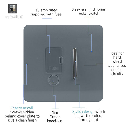 Trendi Switch ART-FSWG, Artistic Modern Switch Fused Spur 13A With Flex Outlet Warm Grey Finish, BRITISH MADE, (35mm Back Box Required), 5yrs Warranty - 53743