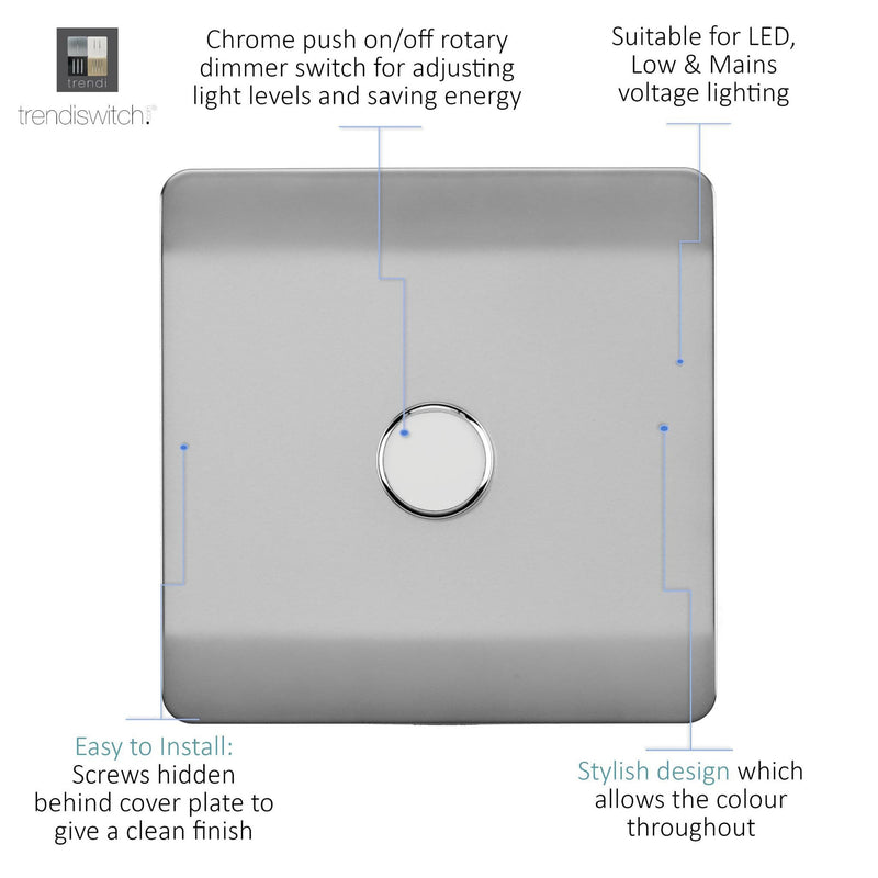 Load image into Gallery viewer, Trendi Switch ART-LDMBS, Artistic Modern 1 Gang 1 Way LED Dimmer Switch 5-150W LED / 120W Tungsten, Brushed Steel Finish, (35mm Back Box Required), 5yrs Warranty - 53744
