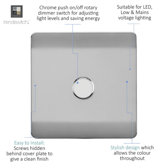 Trendi Switch ART-LDMBS, Artistic Modern 1 Gang 1 Way LED Dimmer Switch 5-150W LED / 120W Tungsten, Brushed Steel Finish, (35mm Back Box Required), 5yrs Warranty - 53744