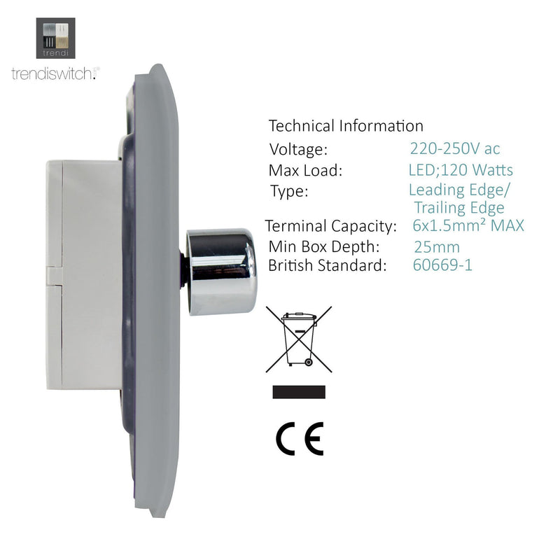 Load image into Gallery viewer, Trendi Switch ART-LDMBS, Artistic Modern 1 Gang 1 Way LED Dimmer Switch 5-150W LED / 120W Tungsten, Brushed Steel Finish, (35mm Back Box Required), 5yrs Warranty - 53744
