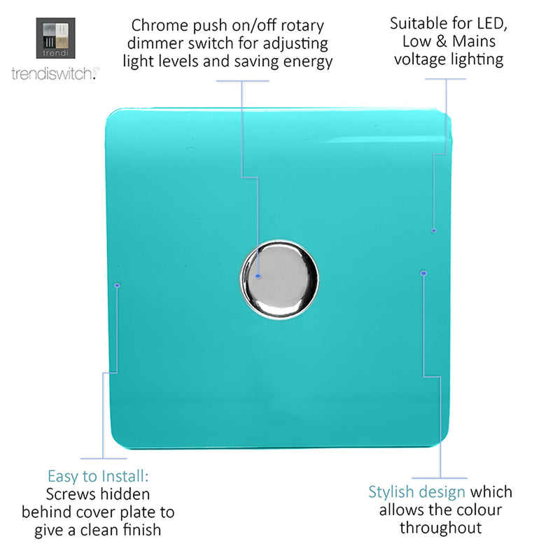 Load image into Gallery viewer, Trendi Switch ART-LDMBT, Artistic Modern 1 Gang 1 Way LED Dimmer Switch 5-150W LED / 120W Tungsten, Bright Teal Finish, (35mm Back Box Required), 5yrs Warranty - 53745
