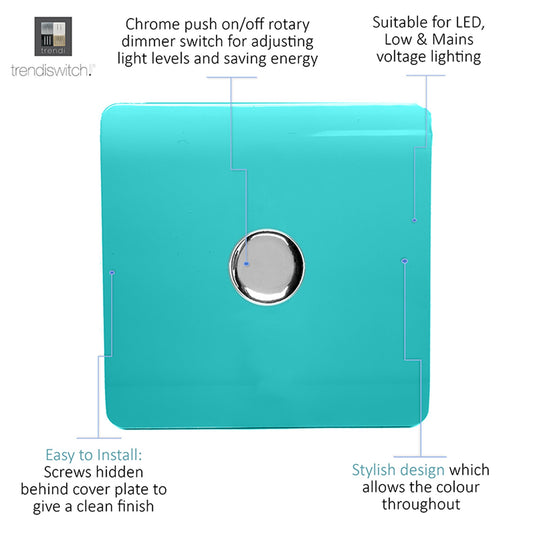 Trendi Switch ART-LDMBT, Artistic Modern 1 Gang 1 Way LED Dimmer Switch 5-150W LED / 120W Tungsten, Bright Teal Finish, (35mm Back Box Required), 5yrs Warranty - 53745